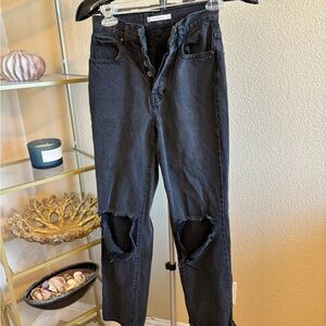 PacSun Black Wash Ripped Knee Dad Jeans High Rise Button Fly Size 23